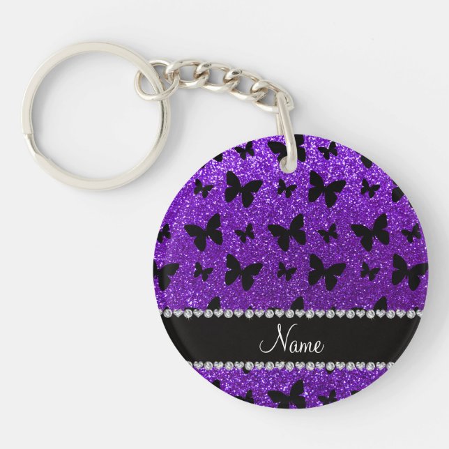 Personalized name indigo purple glitter butterfly keychain (Front)