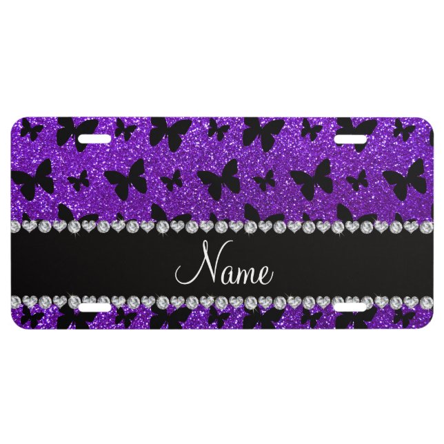 Personalized name indigo purple glitter butterfly license plate (Front)