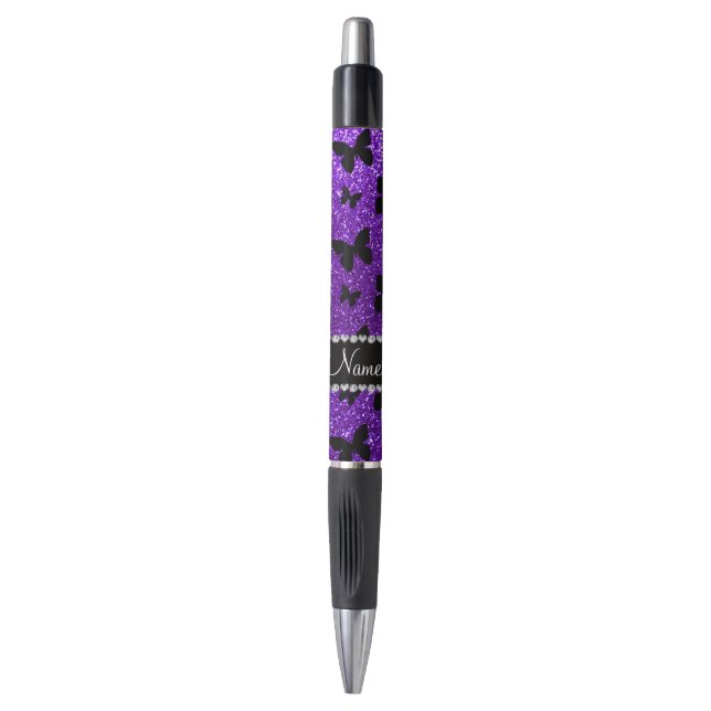 Personalized name indigo purple glitter butterfly pen (Front Vertical)