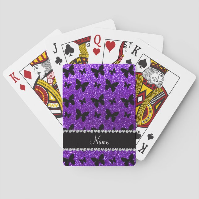 Personalized name indigo purple glitter butterfly poker cards (Back)