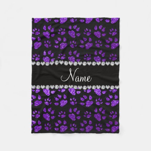 Personalized name indigo purple glitter cat paws fleece blanket