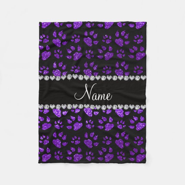 Personalized name indigo purple glitter cat paws fleece blanket (Front)