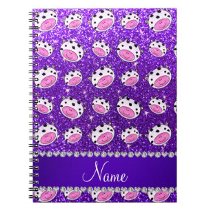 Personalized name indigo purple glitter cow heads notebook