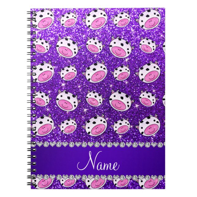 Personalized name indigo purple glitter cow heads notebook (Front)