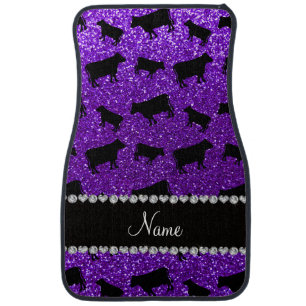 Personalized name indigo purple glitter cows car floor mat
