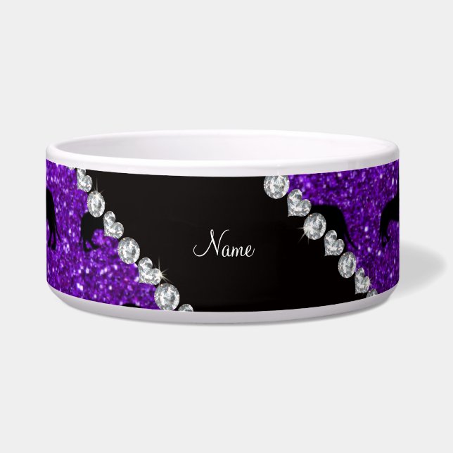 Personalized name indigo purple glitter dachshunds bowl (Front)