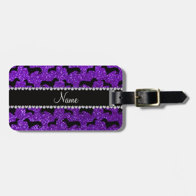 Personalized name indigo purple glitter dachshunds luggage tag (Front Horizontal)