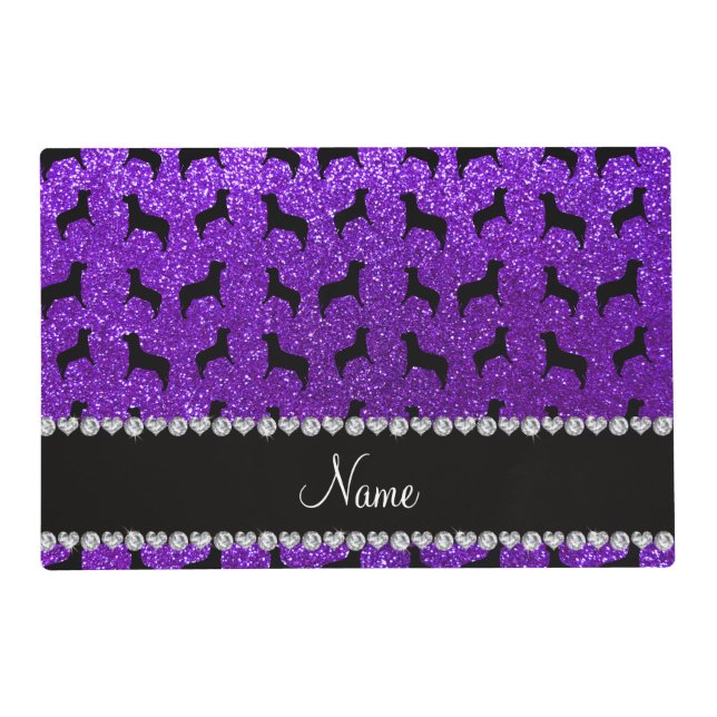 Personalized name indigo purple glitter dogs placemat (Front)