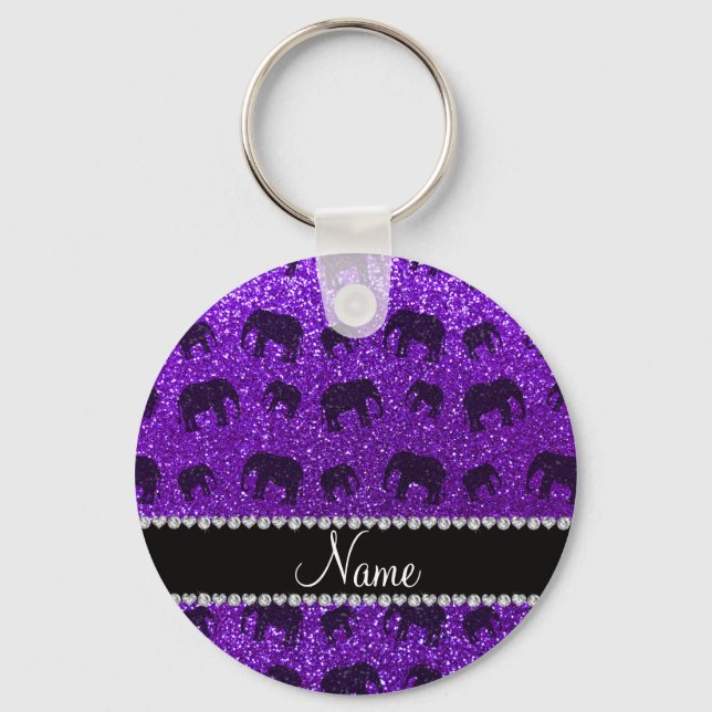 Personalized name indigo purple glitter elephants keychain (Front)