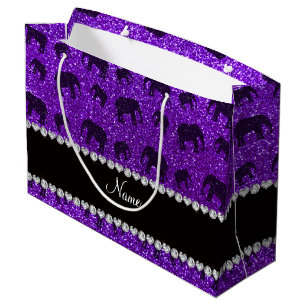 Personalized name indigo purple glitter elephants large gift bag
