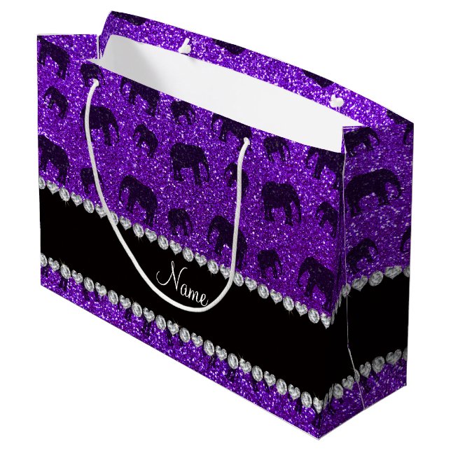 Personalized name indigo purple glitter elephants large gift bag (Back Angled)