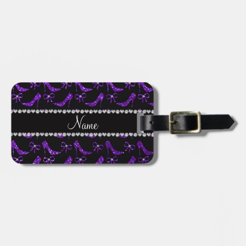 Personalized name indigo purple glitter high heels luggage tag