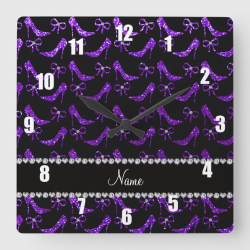 Personalized name indigo purple glitter high heels square wall clock
