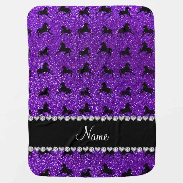 Personalized name indigo purple glitter horses receiving blanket (Front)