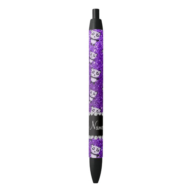 Personalized name indigo purple glitter pandas pen (Front Vertical)