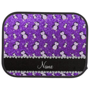 Personalized name indigo purple glitter penguins car mat