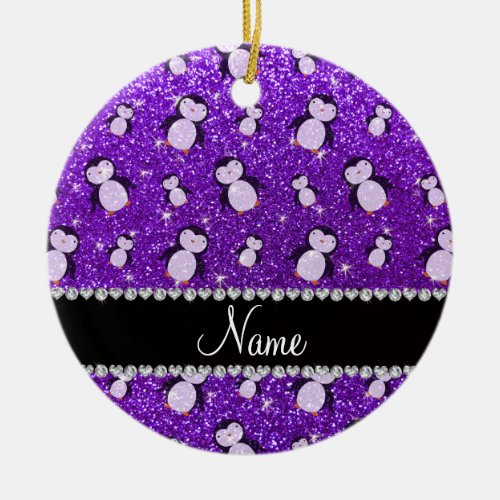 Personalized name indigo purple glitter penguins ceramic ornament