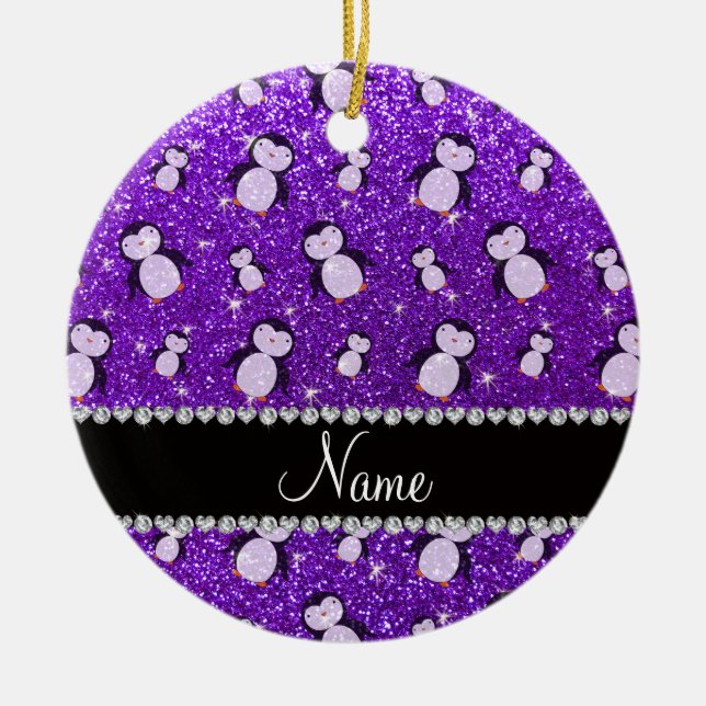 Personalized name indigo purple glitter penguins ceramic ornament (Front)