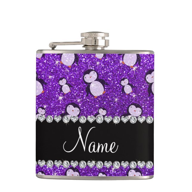 Personalized name indigo purple glitter penguins hip flask (Front)