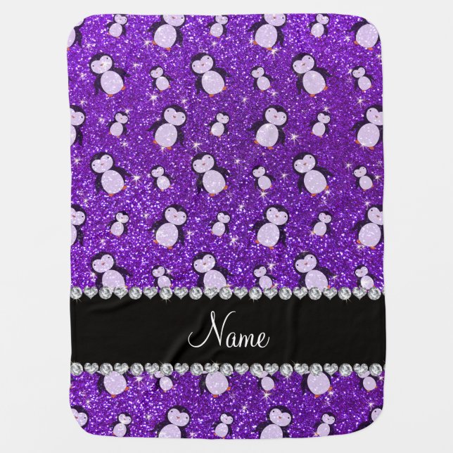 Personalized name indigo purple glitter penguins stroller blanket (Front)