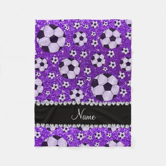 Personalized name indigo purple glitter soccer fleece blanket (Front)