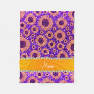 Personalized name indigo purple glitter sunflowers fleece blanket