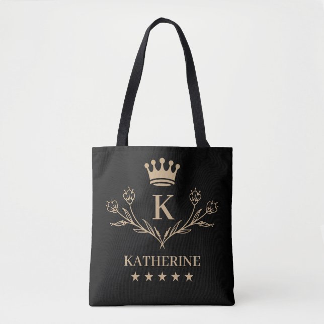 Personalized Name & Initial Black Gold Monogram Tote Bag (Front)