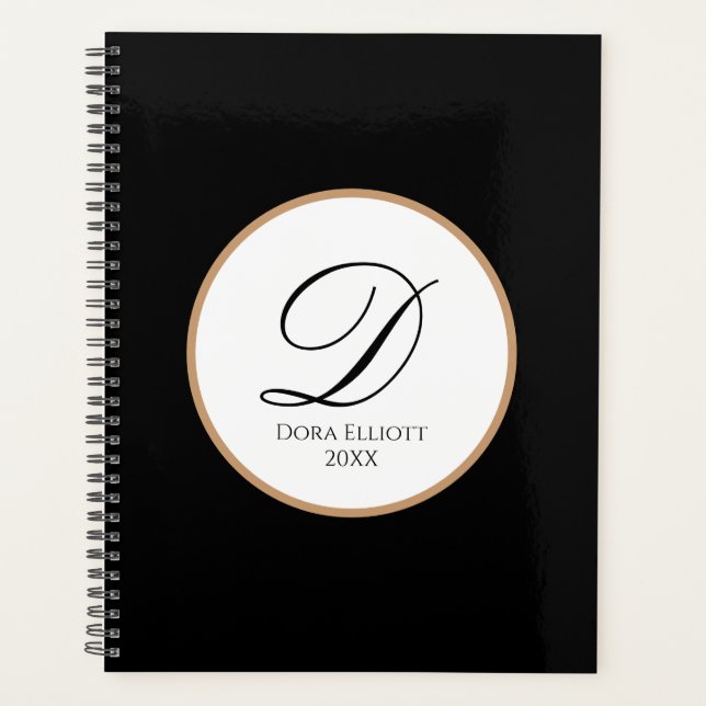 Personalized Name & Initial Black Hard/Soft Cover Planner (Front)