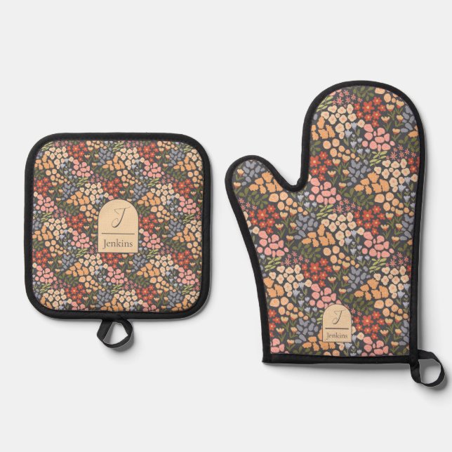 Personalized Name & Initial Floral  Oven Mitt & Pot Holder Set (Front)