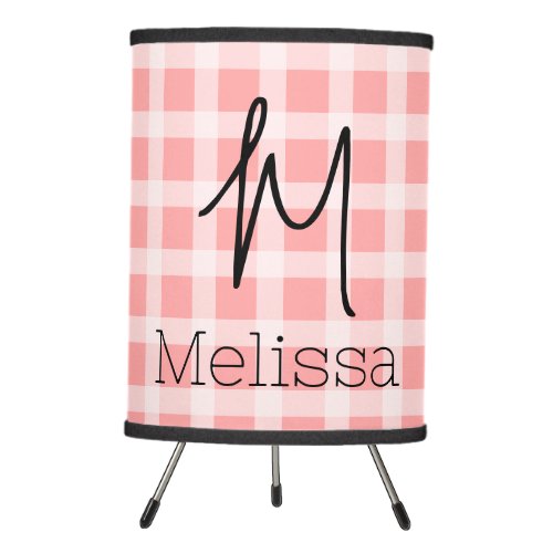 Personalized name initial modern blush pink tartan tripod lamp