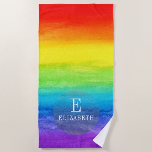 Personalized Name Initial Rainbow Watercolor Beach Towel