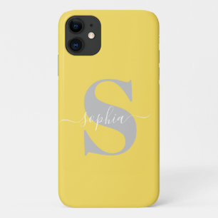Personalized Name, Initial-Script, Yellow/Silver iPhone 11 Case