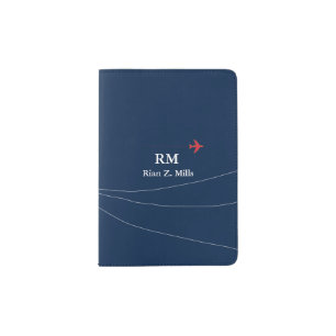 personalized name + initials airplane aero blue passport holder