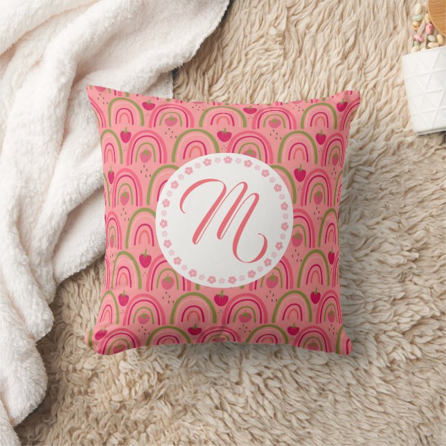 Personalized name initials rainbow strawberry pink throw pillow (Blanket)