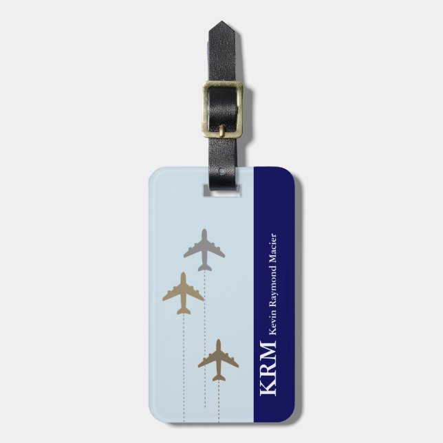 personalized (name+initials) travel airplanes blue luggage tag (Front Vertical)
