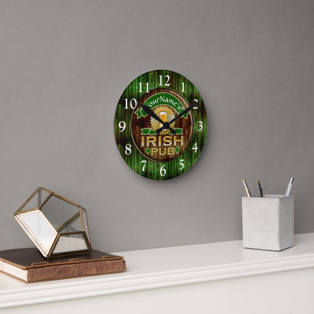 Personalized Name Irish Pub Sign St. Patrick's Day Round Clock (Office)