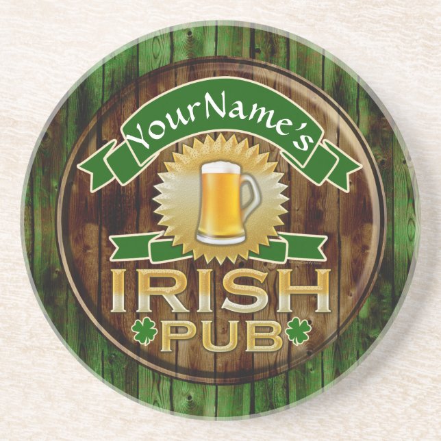 Personalized Name Irish Pub Sign St. Patrick's Day Sandstone Coaster (Front)