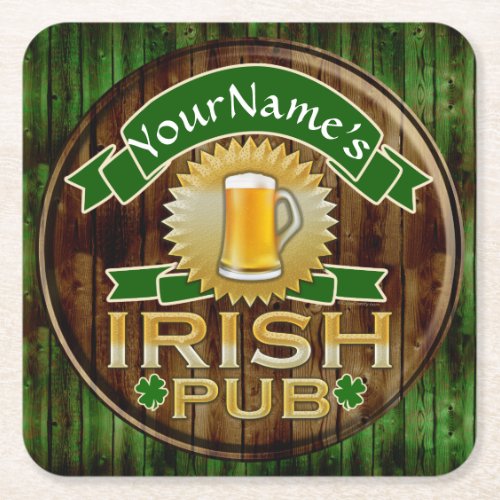 Personalized Name Irish Pub Sign St Patricks Day Square Paper Coaster