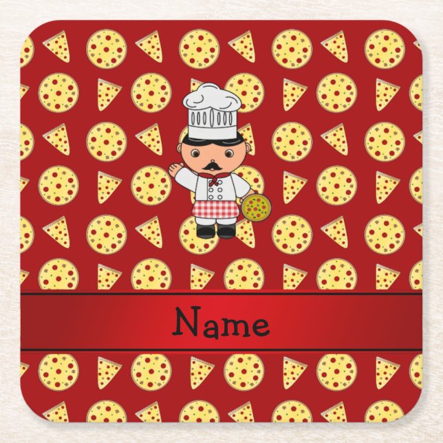 Personalized name italian chef red pizza pattern square paper coaster (Front)