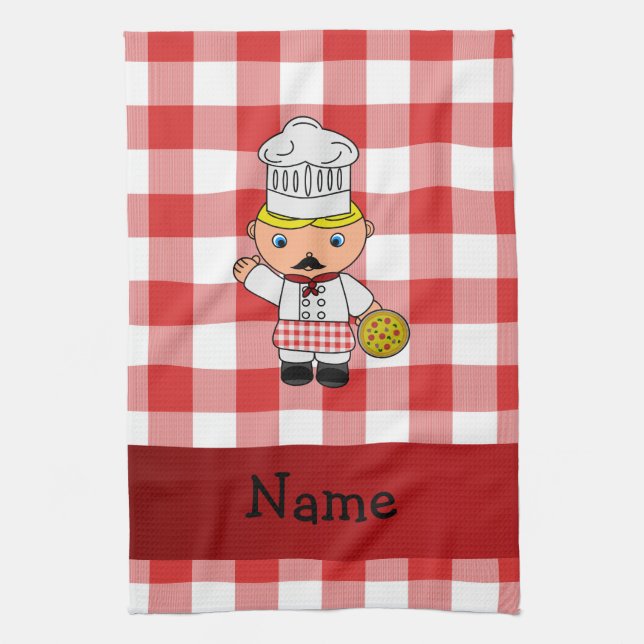 Personalized name italian chef red white checkers kitchen towel (Vertical)