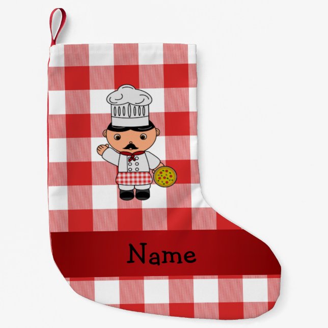 Personalized name italian chef red white checkers small christmas stocking (Front)