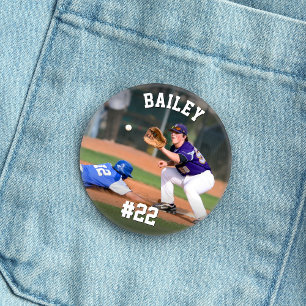 Personalized Name & Jersey Number Baseball Photo Button