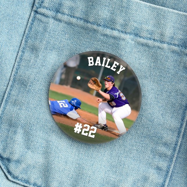 Personalized Name & Jersey Number Baseball Photo Button (Creator Uploaded)