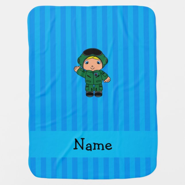 Personalized name jet pilot blue stripes swaddle blanket (Front)