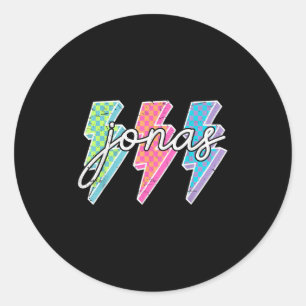Personalized Name Jonas Lightning Bolt Checkered  Classic Round Sticker