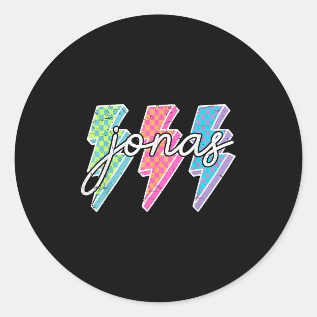 Personalized Name Jonas Lightning Bolt Checkered  Classic Round Sticker (Front)