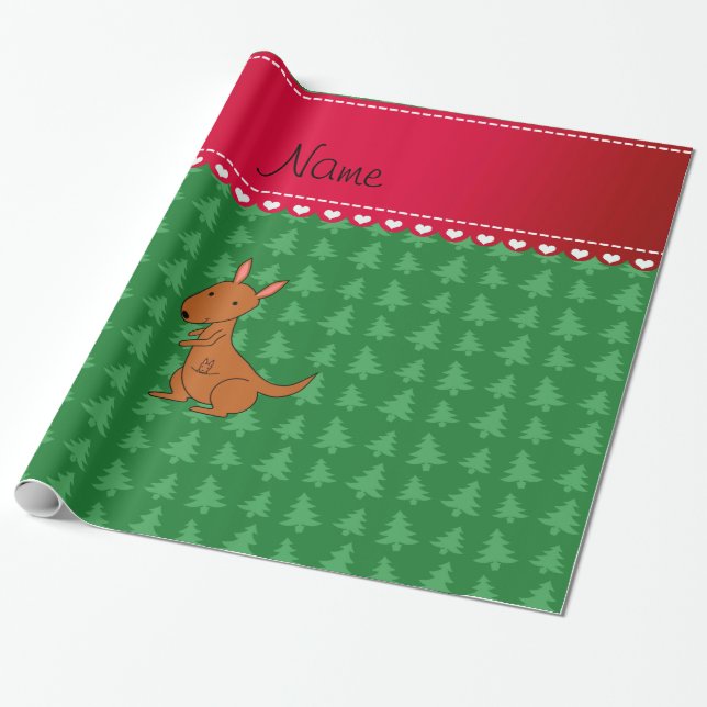 Personalized name kangaroo green christmas trees wrapping paper (Unrolled)