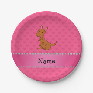 Personalized name kangaroo pink hearts paper plates