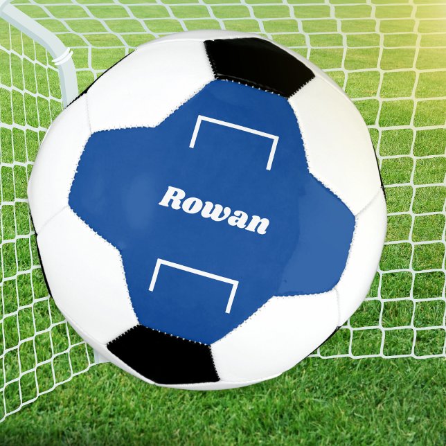 Personalized Name Kids Blue Modern Cool Football Soccer Ball (A personalized blue and white football (soccer ball) with goals design)