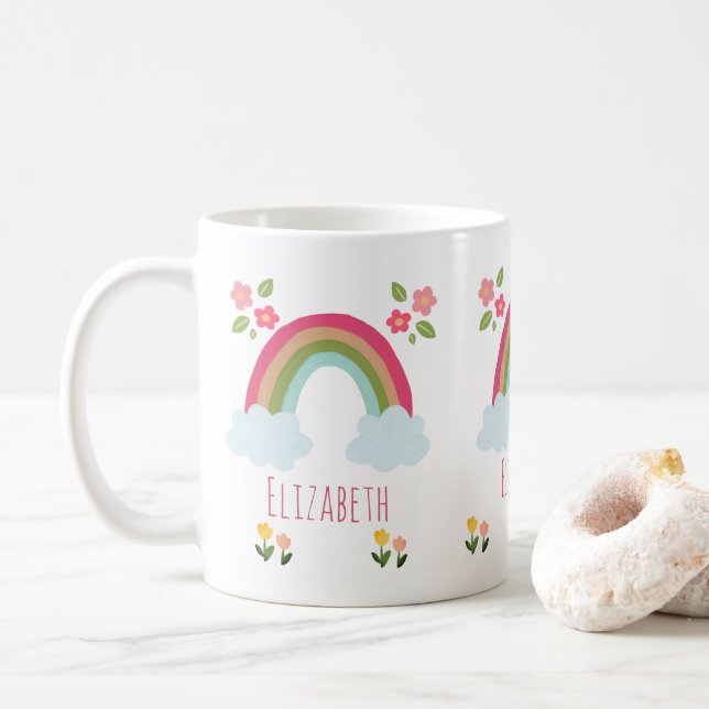 Personalized name Kids Cute rainbow girl pink  Coffee Mug (With Donut)